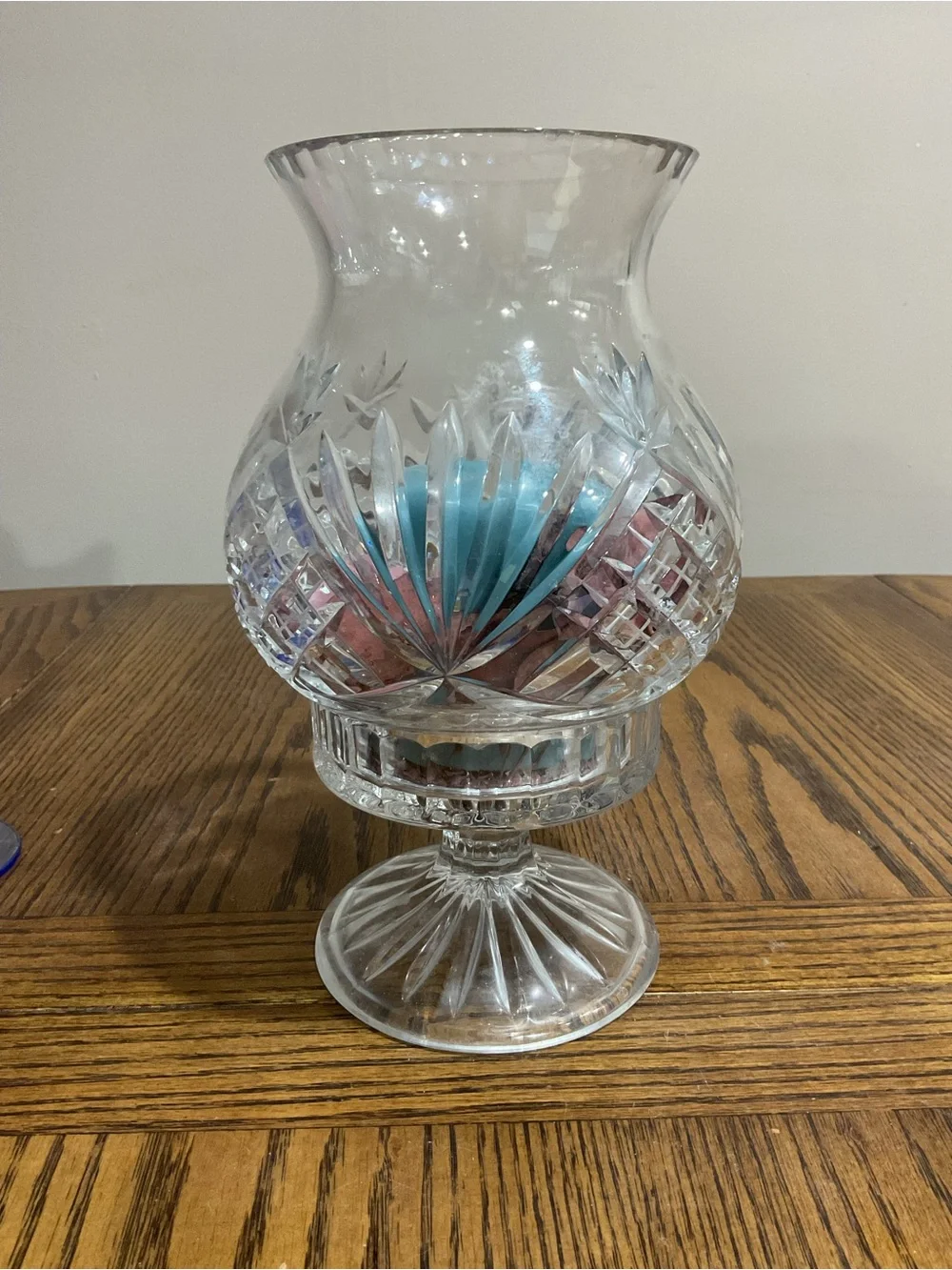 Beautiful Clear Cut-Glass Hurricane 2piece Vase with Blue Candle & Potpourri